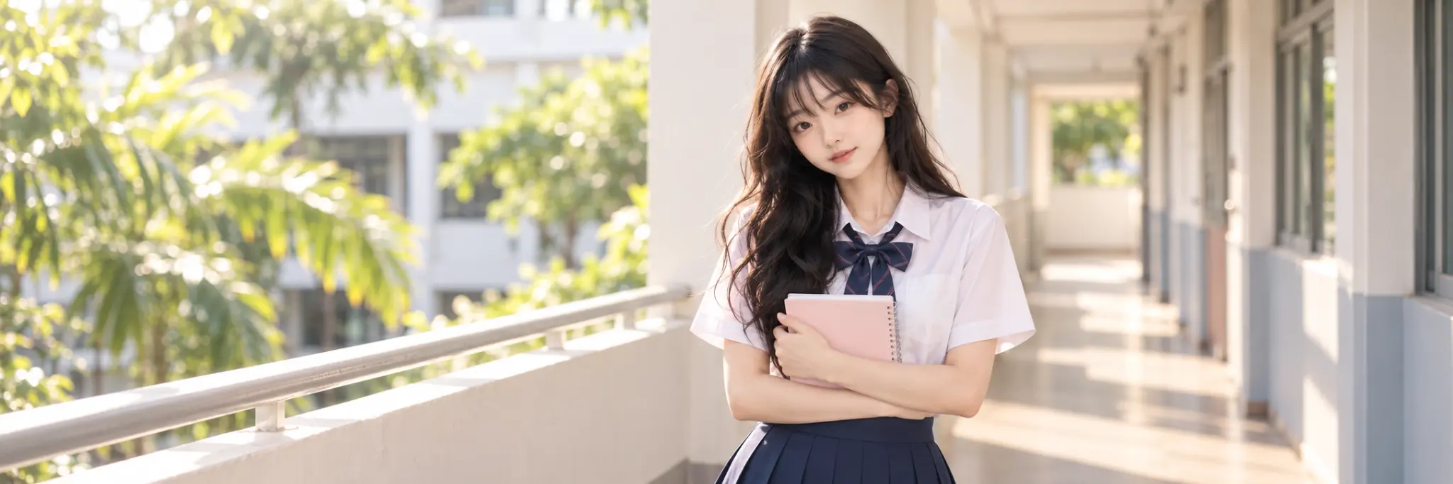 Jelly in her white school blouse and navy tie, standing in a sunlit school corridor